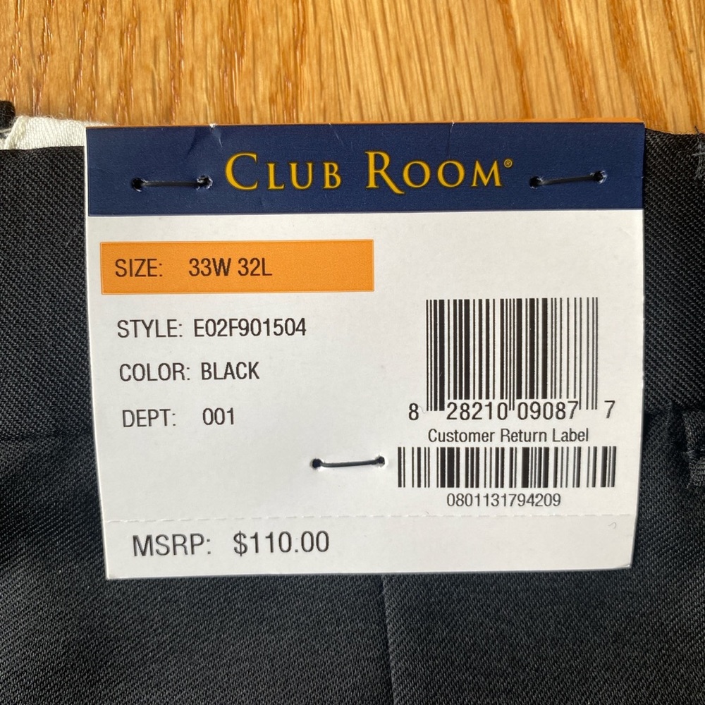 The Estate Trouser. 
Designer: Club Room; Size: 33W, 32L; Color: Black